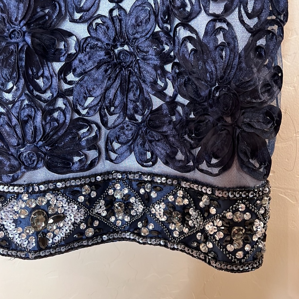 SUE WONG Blue Embellished and Embroidered Ribbon Floral Strapless Dress - Picture 5 of 11